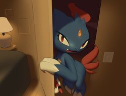  2023 ambiguous_gender bed bedroom bodily_fluids claws crayon digital_media_(artwork) feral furniture generation_2_pokemon hi_res inkune lamp lightswitch nintendo open_mouth opening_door pokemon pokemon_(species) red_eyes sneasel solo sweat teeth tongue 