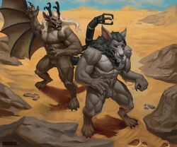  6:5 absurd_res anthro assassin assassination beard black_hair blizzard_entertainment blue_eyes brown_body brown_eyes brown_fur buckovskiart canid canine canis claws desert dragon duo facial_hair fur grey_body grey_fur hair hi_res horn male male/male mammal mechanical_tail muscular mythological_creature mythological_scalie mythology outside paws rock scalie sky sneaking sneaky tail teeth warcraft were werecanid wings wolf worgen 