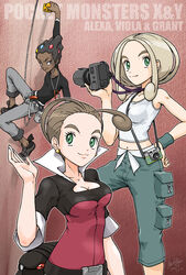  1boy 2girls alexa_(pokemon) bare_arms bare_shoulders black_footwear black_hair blonde_hair breasts brown_hair camera capri_pants character_name cleavage collarbone copyright_name crop_top dark-skinned_male dark_skin grant_(pokemon) green_eyes green_pants holding holding_camera large_breasts midriff multiple_girls navel pants parted_bangs pokemon pokemon_xy shirt short_hair siblings signature sisters sleeveless sleeveless_shirt tank_top viola_(pokemon) wackybee wristband 