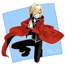  1boy blonde_hair coat commentary_request cosplay edward_elric edward_elric_(cosplay) fullmetal_alchemist gloves green_eyes grin hair_over_one_eye half_updo male_focus on_one_knee own_hands_together shiki_(hubin) smile solo white_gloves yuri!!!_on_ice yuri_plisetsky 