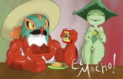  anthro brachyzoid cacturne clothing digital_media_(artwork) duo facial_hair female food generation_3_pokemon generation_6_pokemon hat hawlucha headgear headwear humanoid male moustache muscular nintendo pokemon pokemon_(species) sombrero taco 