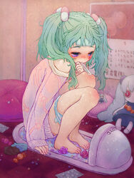  aimaina barefoot blush calendar_(object) candy commentary_request doll female food green_hair hantoumei_namako hatsune_miku highres long_hair long_sleeves medicine off_shoulder panties panties_around_one_leg pill pillow purple_eyes ringed_eyes sitting slow_motion_(vocaloid) solo squat_toilet sweater thermometer twintails underwear vocaloid 