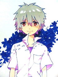  1boy bad_id bad_pixiv_id cherry_blossoms commentary_request evangelion:_3.0_you_can_(not)_redo male_focus marker_(medium) momokan_(mmkn100) nagisa_kaworu neon_genesis_evangelion rebuild_of_evangelion red_eyes smile solo traditional_media white_hair 