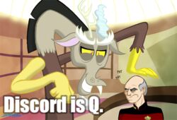  2011 bald chimera clothing crossover discord_(mlp) draconequus duo english_text friendship_is_magic grey_hair hair hasbro horn human humor jean-luc_picard male mammal my_little_pony q_(star_trek) smile star_trek star_trek_the_next_generation text uniform unknown_artist yellow_eyes 