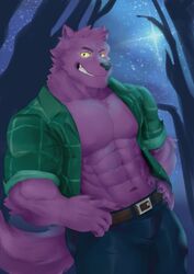  2017 abs anthro belt bernard_(ok_k.o.!_lbh) biceps big_muscles black_nose bottomwear bozi canid canine canis cartoon_network chest_tuft claws clothed clothing fangs fur hi_res looking_at_viewer male male_anthro mammal muscular muscular_anthro muscular_male mythological_canine mythological_creature mythology navel night obliques ok_k.o.!_let&#039;s_be_heroes open_clothing open_shirt open_topwear pants pecs plaid purple_body purple_fur shirt smile solo standing teeth topwear triceps tuft were werecanid werecanine werewolf wolf yellow_sclera 