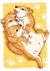  animal animal_focus canine cerberus commentary_request joka_(hiwai) multiple_heads no_humans original paw_print photoshop_(medium) puppy shiba_inu tongue 