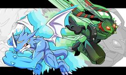  2boys armor bandai digimon dragon exveemon full_armor highres horns male_focus monster multiple_boys muscle no_humans red_eyes solo stingmon tail weapon wings 