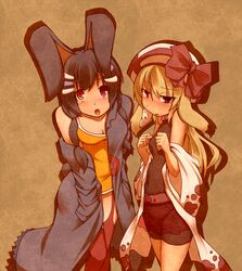  2girls animal_ears blonde_hair blush breasts commentary_request harumiya_ria_(kuromiya) hat kinetsuki_miu_(kuromiya) kuromiya long_hair looking_at_viewer medium_breasts multiple_girls open_mouth original rabbit_ears red_eyes 