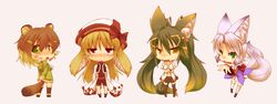  4girls arashimiya_kiharu_(kuromiya) chibi commentary_request crossed_arms fukunomiya_koko_(kuromiya) green_eyes harumiya_ria_(kuromiya) kuromiya kuromiya_raika_(kuromiya) long_hair multiple_girls multiple_tails original red_eyes short_hair smile tail thighhighs twintails very_long_hair 