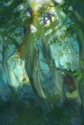  asagi1111 commentary_request day flying forest highres leaf light_rays nature no_humans outdoors pokemon pokemon_(creature) scenery standing tree xerneas yveltal zygarde 