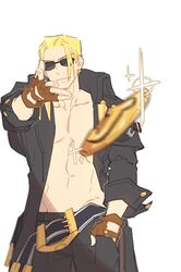  1boy black_coat blonde_hair brown_gloves closed_mouth coat coin collarbone eminem_throwing_a_fat_rat_(meme) eyewear_visible_through_hair fingerless_gloves fingernails glasses glint gloves grey_background guilty_gear hand_in_pocket hannim_7h highres johnny_(guilty_gear) korean_commentary male_focus meme motion_blur open_clothes open_coat protected_link simple_background smile solo sunglasses throwing topless_male tossing 