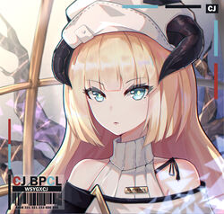  arknights barcode bare_shoulders beret blonde_hair blue_eyes bupa_chila female hat highres horns long_hair looking_at_viewer nightingale_(arknights) photoshop_(medium) portrait solo turtleneck white_hat 