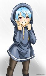  black_pantyhose blonde_hair blue_hair blue_raincoat female gradient_hair grin kantai_collection kudou_(ooabareteng) long_hair multicolored_hair official_alternate_costume one-hour_drawing_challenge pantyhose raincoat red_eyes sado_(kancolle) smile solo 