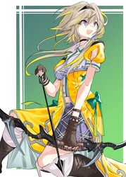  :d arrow_(projectile) black_choker black_hairband blonde_hair blue_bow boots bow bow_(weapon) choker commentary_request female fold-over_boots gradient_bow green_background hairband hiyoku_no_crosspiece holding holding_arrow holding_bow_(weapon) holding_weapon ieiri_popo ieiri_popo_(1st_costume) megame_(okbnkn) midriff_peek miniskirt nanashi_inc. navel pleated_skirt ponytail puffy_short_sleeves puffy_sleeves purple_eyes purple_skirt short_sleeves skirt smile solo virtual_youtuber weapon 