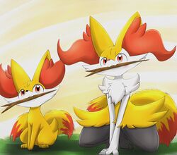  ambiguous_gender anthro blush braixen canid canine digital_media_(artwork) duo eiroru fennekin feral fur generation_6_pokemon hi_res holding_in_mouth inner_ear_fluff mammal nintendo orange_eyes pokemon pokemon_(species) simple_background sitting stick tail tail_motion tailwag tuft yellow_body yellow_fur 