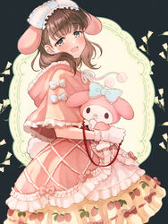  :d blush bow_hairband brown_hair capelet crossover dress female finger_ribbon food_print frilled_capelet frilled_dress frills gloves hairband highres hug hugging_object idolmaster idolmaster_cinderella_girls lolita_fashion looking_at_viewer my_melody omisoshiru onegai_my_melody open_mouth pink_capelet pink_dress print_dress protected_link sakuma_mayu sanrio smile solo strawberry_print sweet_lolita white_gloves 