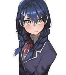  3: blue_hair blush braid breasts closed_mouth collared_shirt female frown hair_between_eyes hair_ornament hairclip highres jacket jourd4n long_hair long_sleeves looking_at_viewer school_uniform shirt shokugeki_no_souma simple_background small_breasts solo tadokoro_megumi tootsuki_saryou_ryouri_gakuen_uniform twin_braids upper_body white_background white_shirt yellow_eyes 