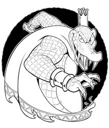  2018 4_fingers absurd_res anthro belly biceps big_belly black_and_white bloodshot_eyes bottomless bracelet cape cape_only claws clothed clothing crocodile crocodilian crocodylid crown dated digital_media_(artwork) donkey_kong_(series) fangs finger_claws fingers gem half-length_portrait headgear hi_res inktober inktober_2018 jewelry k_rool king kremling looking_at_viewer male monochrome mostly_nude musclegut muscular muscular_anthro muscular_male nintendo open_mouth open_smile overweight overweight_anthro overweight_male pecs portrait ravenousruss reptile royalty scales scalie sharp_teeth side_view signature smile snout solo teeth topless 