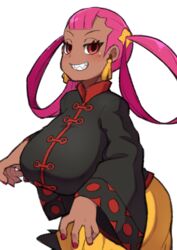  absurdres blush breasts chinese_clothes dark-skinned_female dark_skin earrings female fukurou_(owl222) half-closed_eyes highres jewelry large_breasts pokemon pokemon_masters_ex punk_girl_(pokemon) red_eyes sharp_teeth smile solo teeth twintails 