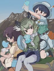  1boy 2girls animal_ears black_hair black_socks blush bolo_tie boots bow bowtie brown_eyes bucket_hat captain_(kemono_friends) cellphone chinchilla_girl collared_shirt commentary_request degu_(kemono_friends) denim denim_shorts dual_persona eating elbow_gloves food fur_collar gloves green_hair green_shirt grey_bow grey_bowtie grey_fur grey_gloves grey_pantyhose hat hat_on_back highres hip_gear jacket japari_bun kemono_friends kemono_friends_3 kunikuni_(kunihiro2005) mountain multicolored_hair multiple_girls outdoors pantyhose phone radio red_eyes safari_jacket shirt short_hair short_sleeves shorts sitting smartphone smile socks t-shirt table tail uniform white_bow white_gloves 