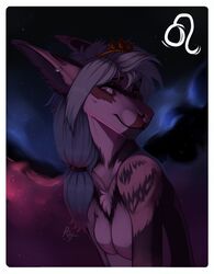  anthro astrological_symbol breasts canid chest_tuft closed_smile cosmic_background ear_piercing ear_ring ears_back featureless_breasts female fur glistening glistening_eyes grey_hair hair half-length_portrait hi_res leo_(symbol) long_hair mammal mouth_closed narrowed_eyes nebula nude piercing pivoted_ears portrait ring_piercing riorix signature slight_smile smile solo space space_background star symbol tan_body tan_eyes tan_fur three-quarter_view tuft western_zodiac_symbol 