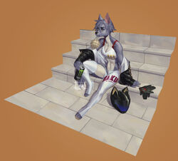  2021 anthro armor black_nose blue_body blue_fur blue_hair botak bra can canid canine canis clothing container countershading female fur gloves hair handwear headgear helmet hi_res holding_can holding_container holding_object jacket legwear maku_(maku450) mammal monster_energy object_in_mouth short_hair sitting solo sports_bra stockings topwear underwear white_body white_countershading wolf 