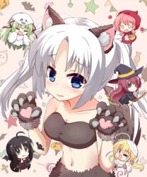  &gt;_o 6+girls =_= ahoge animal_ears animal_hands apple arms_up bandaged_chest bat_(animal) black_hair black_headwear blonde_hair blush breasts brown_fur candy chibi claw_pose cleavage collarbone commentary_request cosplay cross fake_animal_ears fake_tail food fruit ghost_costume ghost_pose gloves green_eyes green_hair hair_between_eyes hair_ribbon hakutocake halloween halloween_costume happy hat heart highres hitachi_mako index_finger_raised kurama_koharu large_breasts lena_liechtenauer little_red_riding_hood_(grimm) little_red_riding_hood_(grimm)_(cosplay) long_hair looking_at_another looking_at_viewer low_twintails maniwa_roka multiple_girls mummy_costume murasame_(senren) navel nervous_smile o_o oerba_yun_fang one_eye_closed open_mouth parted_bangs parted_lips paw_gloves pink_background pink_hair pumpkin purple_eyes purple_ribbon red_hair red_skirt ribbon senren_banka short_hair_with_long_locks shy simple_background skirt slit_pupils smile smug solo_focus star_(symbol) stomach sweatdrop tail tomotake_yoshino twintails vampire_costume very_long_hair white_hair witch witch_hat wolf_ears wolf_tail 