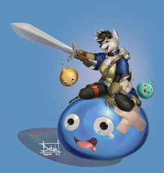  2021 ambiguous_gender anthro band-aid bandage belt blue_background bodily_fluids botak bottomwear canid closed_eyes clothing collar dragon_quest female fur gloves goo_creature group handwear hi_res holding_melee_weapon holding_object holding_sword holding_weapon mammal melee_weapon pants simple_background sitting_on_another sitting_on_character slime_(blob) slime_(dragon_quest) smile square_enix sword tears weapon white_body white_fur 