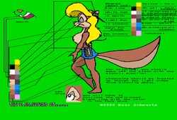  1992 amy_the_squirrel anthro artist_name barefoot blonde_hair blue_clothing bottomwear breasts brown_body brown_fur brown_nose cassette_player closed_eyes clothed clothing countershade_face countershade_tail countershade_torso countershading digital_media_(artwork) electronics english_text eric_schwartz eyeshadow featureless_breasts feet female fur green_background grey_eyeshadow hair headphones makeup mammal model_sheet pixel_(artwork) plantigrade restricted_palette rodent sciurid simple_background skirt solo tail tan_body tan_fur text topless tree_squirrel walking 