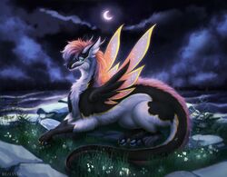  2019 4_toes better_version_at_source black_body black_ears black_fur black_tail black_wings blue_eyes blue_pawpads claws cloud colored crescent_moon detailed detailed_background detailed_fur digital_drawing_(artwork) digital_media_(artwork) digital_painting_(artwork) dragon female feral flower full-length_portrait fur furred_dragon glowing glowing_eyes glowing_flower glowing_wings grass grey_body grey_fur hair horn inner_ear_fluff leg_markings looking_at_viewer lying mane markings moon multicolored_body multicolored_fur multicolored_wings night on_front orange_wings outside painting_(artwork) pawpads paws pink_body pink_fur pink_mane plant portrait purple_wings quadruped rizonik rock sea shaded sky smile socks_(marking) solo sparkles star starry_sky toes traditional_media_(artwork) tuft unusual_wings water watermark wave white_body white_fur white_horn white_inner_ear wings yellow_body yellow_claws yellow_fur yellow_markings yellow_wings 