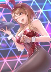  ;d absurdres animal_ears bare_shoulders black_pantyhose blush breasts brown_hair collarbone cup drinking_glass female fingernails highres holding holding_tray idolmaster idolmaster_shiny_colors izumi_mei kagin_(kagou_shita_nanika) leotard long_hair looking_at_viewer medium_breasts nail_polish one_eye_closed pantyhose playboy_bunny rabbit_ears red_leotard smile solo straight_hair tray very_long_hair wrist_cuffs 