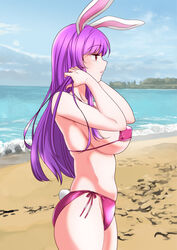  alternate_costume animal_ears beach belly bikini blue_sky blurry blurry_background blush breasts closed_mouth cloud covered_nipples cowboy_shot day expressionless female fingernails forest from_side half-closed_eyes hands_in_hair highres house inlet large_breasts long_hair looking_afar nature ocean outdoors outline pink_bikini pink_lips profile purple_hair rabbit_ears rabbit_girl rabbit_tail red_eyes reisen_udongein_inaba sand shiny_clothes shiny_skin shiraue_yuu skindentation sky solo string_bikini summer swimsuit tail touhou tree very_long_hair waves 