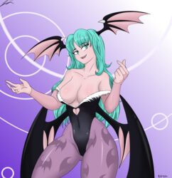  absurd_res animal_humanoid armwear bat bat_humanoid big_breasts breasts capcom clothed clothing corset darkstalkers female green_eyes green_hair hair hi_res horn humanoid jeffthehusky leggings legwear lingerie mammal mammal_humanoid morrigan_aensland pose smile solo thick_thighs topwear wings 