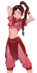  arms_behind_head arms_up avatar:_the_last_airbender avatar_legends braid braided_ponytail breasts brown_eyes brown_hair capri_pants cheshirrr commentary female highres long_hair looking_at_viewer medium_breasts midriff navel pants parted_lips pink_pants short_sleeves simple_background smile solo standing stomach tied_hair ty_lee white_background wristband 