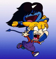  2023 angelica_pickles beezle_(unico) black_hair blonde_hair blue_background blue_body carrying_another clothed clothing crossover demon digital_drawing_(artwork) digital_media_(artwork) duo fangs female fully_clothed hair hair_over_eyes hi_res human humanoid humor jj_animation lolicon male mammal nickelodeon osamu_tezuka piggyback purple_clothing riding rugrats running sanrio simple_background spade_tail tail teeth unico_(series) upset voice_actor_joke young 