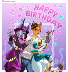  absurd_res anthro armor ass asuri_(brawlhalla) blue_clothing blue_eyes brawlhalla breasts byghosteduard closed_eyes clothed clothing felid feline female group happy_birthday hi_res looking_at_viewer male male/female mammal open_mouth pantherine purple_body purple_clothing purple_eyes ring sky smile tail text tiger trio 