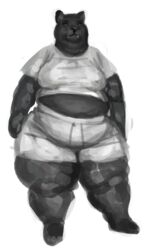  2022 anthro barefoot belly black_and_white bottomwear cettus clothed clothing feet felid female front_view high_waisted_bottomwear jaguar mammal midriff monochrome obese obese_anthro obese_female overweight overweight_anthro overweight_female pantherine pants partially_clothed serafina_(cettus) shirt shorts solo standing topwear 