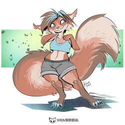  1:1 2023 anthro arm_tuft belly big_tail biped blue_clothing blue_crop_top blue_eyes blue_hair blue_highlights blue_shirt blue_tank_top blue_topwear bottomwear brown_hair brown_nose buckteeth claws clothed clothing colored crop_top cropped_tank_top digital_drawing_(artwork) digital_media_(artwork) digitigrade ear_tuft elbow_tuft eyelashes female fingers floofy_tail full-length_portrait fur grey_bottomwear grey_claws grey_clothing grey_shorts hair hi_res highlights_(coloring) kiaun looking_away looking_sideways mammal midriff multicolored_hair navel nixie_(torqueempup) portrait rodent sciurid shirt shorts signature simple_background smile solo standing tail tank tank_top teeth text thick_thighs toe_claws topwear tree_squirrel tuft two_tone_hair url vehicle 