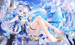  absurdres alternate_costume bare_legs bare_shoulders barefoot blue_eyes blue_hair dorsiflexion dress feet feline female furina_(genshin_impact) genshin_impact hair_between_eyes hat heterochromia highres knees_together_feet_apart knees_up lalazyt legs long_hair multicolored_hair nail_polish open_mouth puffy_sleeves singer_of_many_waters_(genshin_impact) solo toenail_polish toenails toes vision_(genshin_impact) white_dress white_hair white_hat 