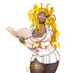  arm_under_breasts artist_logo blonde_hair book bra bracelet breasts cleavage_cutout clothing_cutout cropped_legs dark-skinned_female dark_skin dress female gold_eyeshadow gold_horns gold_lips gold_necklace highres holding holding_book huge_breasts jewelry kulve_taroth looking_at_viewer looking_down monster_hunter_(series) necklace parted_lips pechan personification ring semi-rimless_eyewear smile solo thick_thighs thighlet thighs underwear white_background white_bra white_bustier white_dress yellow_eyes yellow_scales 