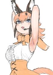  animal_ears armpits arms_up bare_shoulders blue_eyes bow bowtie caracal_(kemono_friends) cat_ears cat_girl extra_ears female kemono_friends kemono_friends_v_project kishida_shiki long_hair looking_at_viewer microphone orange_hair shirt simple_background skirt sleeveless sleeveless_shirt solo tongue virtual_youtuber 