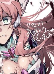  armor biting_own_lip breasts broken_armor cleavage_cutout clothing_cutout commentary_request female green_eyes headphones jewelry large_breasts long_hair maria_cadenzavna_eve pendant pink_hair senki_zesshou_symphogear solo symphogear_pendant translation_request yukitsuba_hina 