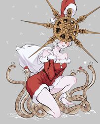  bare_shoulders breasts covered_eyes dark_souls_(series) dark_souls_i dark_sun_gwyndolin dress female fur-trimmed_dress fur_trim genderswap_(mtf) gold_headwear grey_hair hat highres knee_up large_breasts long_sleeves off_shoulder rule_63 santa_dress santa_hat short_hair simple_background snake solo teeth zunkome 