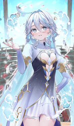  absurdres ahoge aqua_hair black_dress blue_dress blue_nails blush breasts colored_eyelashes colored_inner_hair commentary_request cowboy_shot curly_hair double-parted_bangs dress eyelashes female focalors_(genshin_impact) genshin_impact grey_hair grin hair_between_eyes hair_intakes hand_on_own_hip hand_up highres huge_ahoge juliet_sleeves long_hair long_sleeves looking_at_viewer mismatched_pupils multicolored_hair nail_polish omotikaeri puffy_sleeves sidelocks small_breasts smile solo spoilers straight_hair streaked_hair symbol-shaped_pupils thighhighs two-tone_dress very_long_hair water water_drop 