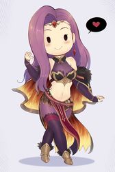  absurdres armpit_crease bare_shoulders black_thighhighs blush breasts bridal_gauntlets capelet circlet cleavage commentary crossed_legs deformed english_commentary evomanaphy female fire_emblem fire_emblem_echoes:_shadows_of_valentia fire_emblem_heroes flame_print full_body fur-trimmed_capelet fur_trim gold_footwear heart highres long_hair midriff navel official_alternate_costume orange_capelet pelvic_curtain purple_hair red_capelet simple_background smile solid_oval_eyes solo sonya_(fire_emblem_gaiden) sonya_(resplendent)_(fire_emblem) standing thighhighs thought_bubble two-tone_capelet white_background 