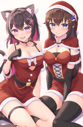  2girls :d absurdres animal_ears azki_(hololive) belt black_belt black_choker black_dress black_gloves black_hair black_thighhighs blush blush_stickers breasts brown_eyes brown_hair capelet cat_ears cat_girl cat_tail choker christmas cleavage closed_mouth colored_inner_hair cutout_above_navel detached_sleeves double-parted_bangs dress duplicate elbow_gloves fur-trimmed_capelet fur-trimmed_sleeves fur_trim gloves hair_between_eyes hair_ornament hairclip half_updo hat highres hololive looking_at_viewer medium_breasts mole mole_under_eye multicolored_hair multiple_girls off-shoulder_dress off_shoulder open_mouth pink_hair pixel-perfect_duplicate purple_eyes red_capelet red_dress santa_costume santa_dress santa_hat short_sleeves smile star_(symbol) star_hair_ornament tail thighhighs tokino_sora two_side_up typho virtual_youtuber zettai_ryouiki 