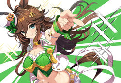  absurdres animal_ears aqua_eyes arm_belt asymmetrical_sleeves bare_shoulders belt belt_buckle breasts brown_hair buckle choker cleavage closed_mouth cowboy_shot cropped_jacket dutch_angle english_commentary female green_background green_shirt green_wrist_cuffs hair_ornament hairclip hand_on_own_hip hat highres horse_ears horse_girl horse_tail jacket large_breasts long_hair long_sleeves looking_at_viewer midriff mini_hat mini_top_hat mr._c.b._(umamusume) navel open_clothes open_jacket pants pointing pointing_at_viewer shirt simple_background single_bare_shoulder sleeveless sleeveless_shirt smile solo sparkle striped striped_background sylph_kim tail tilted_headwear top_hat umamusume very_long_hair white_background white_belt white_hat white_jacket white_pants wrist_cuffs yellow_choker 