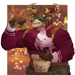  anthro antlers clothed clothing darkdotcom2 deer dolph_(fortnite) epic_games eyewear fortnite hi_res horn male mammal muscular new_world_deer raised_clothing raised_shirt raised_topwear reindeer shirt solo sunglasses topwear 