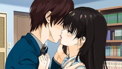  1boy aged_down black_hair blush bookshelf brown_hair cafe_stella_to_shinigami_no_chou close-up commentary couple female french_kiss from_side hair_between_eyes hair_down half-closed_eyes hand_on_another&#039;s_cheek hand_on_another&#039;s_face hand_up hands_on_another&#039;s_chest highres indoors kissing long_hair looking_at_another no_eyes profile sailor_collar saliva school_uniform serafuku shiki_natsume short_hair sidelocks straight takaaya80676981 takamine_kousei tongue tongue_out white_sailor_collar yellow_eyes 