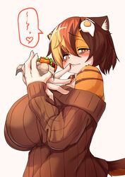  2022 absurd_res anthro big_breasts blush breasts burger calico_cat clothed clothing detailed detailed_food digital_media_(artwork) domestic_cat eating felid feline felis female female_anthro food fur hair half-closed_eyes heart_symbol hi_res holding_burger holding_food holding_object huge_breasts kagarimachi_ame kemono looking_at_viewer mammal multicolored_body multicolored_fur multicolored_hair narrowed_eyes nekotsuki_kohime shoulderless_shirt shoulderless_sweater solo sweater topwear 